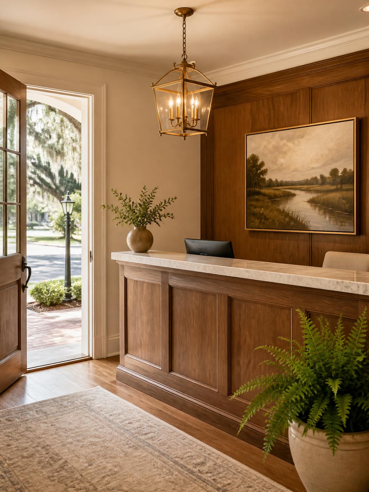 A welcoming Southern Balance office entrance with warm wood and natural light