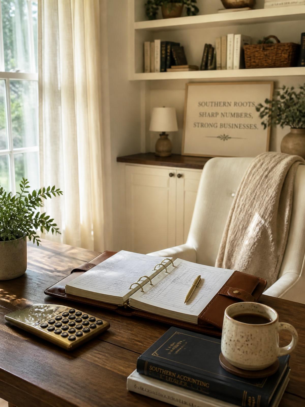 A warm, organized home office with financial ledgers, calculator, and soft natural light